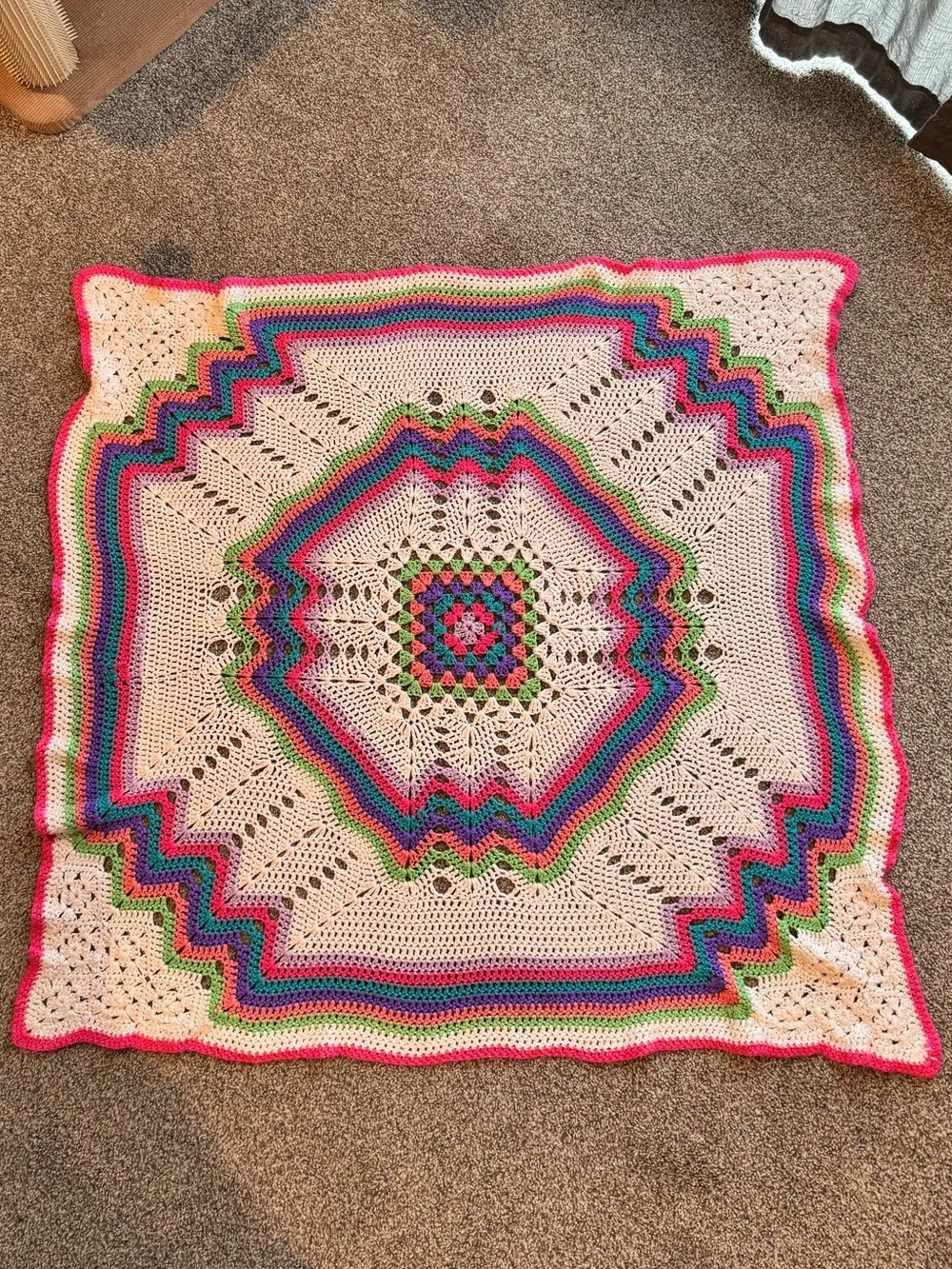 Handmade Crochet Throw Blanket in White with Pink, Green & Blue Accents